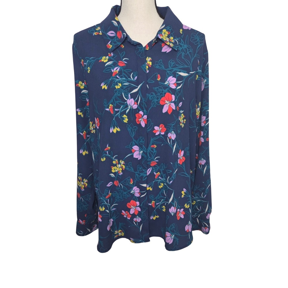 Halogen Navy Blue Floral Button Down Shirt Womens 2X Long Sleeve Blouse